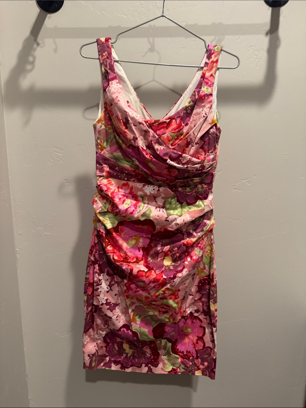 Suzi Chin for Maggy Boutique Pink & Green Floral Ruched Mini Dress